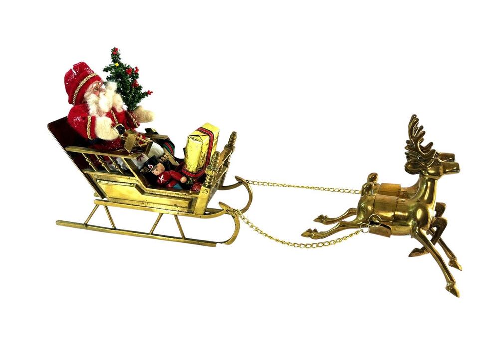 Vintage Lefton Solid Brass Santa Sleigh Double Reindeer Christmas Figurine 18"